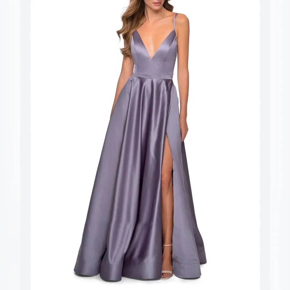 La Femme Lavender/Gray Spaghetti Strap V Neck Dress Size 4 NWT - Picture 1 of 14